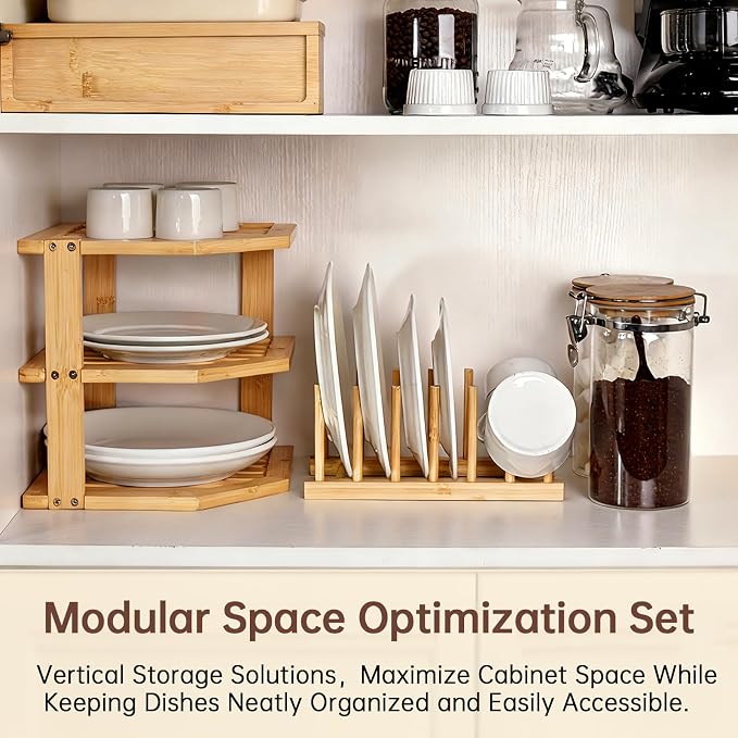 Bamboo Plate Organizer Set, 3 Tier Corner Shelf & Vertical Plate Rack,2 Set | Kitchen Cabinet Shelf,RV Countertop Dish Drying Rack,Cupboard Organizer for Plates,Bowls,Mugs,Cups,Lids,Cutting Boards