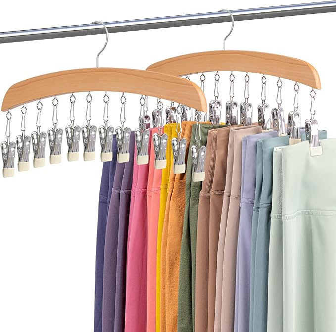 MEILIDY Wooden Leggings Hangers, Scarf Hangers for Closet, Burlywood, 2 Pcs | 24 Clips, 360° Swivel Hook, Hanging Storage Organizer for Scarves, Pants, Hats, Skirts, Bras, Camisoles, Tank tops, Gloves