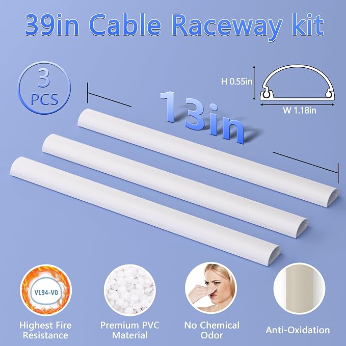 ZhiYo 39in Cord Hider for 2-3 Wall-Mounted TV Wires, 1.2"W x 0.55"H, White | Split-Hinge Design for Easy Installation, Half-Round Glazed Finish Ideal for Wall/Baseboard, Self-Adhesive, 3 Pack (13" Each)