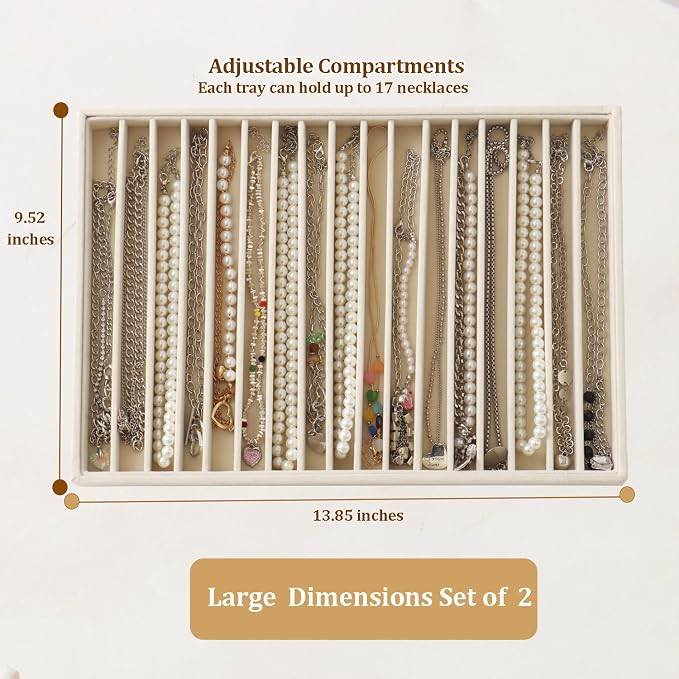 Large Stackable Jewelry Tray 4 Pack Velvet Jewelry Display Drawer Inserts Trays Organizer for Earring Bracelet Necklace Ring (Beige, 17 Grids)