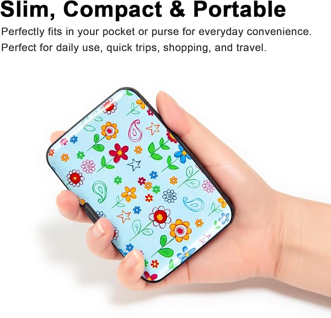 Credit Card Holder for Women Men RFID Blocking Wallet Small Business Metal Slim Mini Aluminum Hard Case (Doodle Garden Floral)