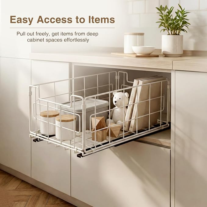 Pull Out Cabinet Sliding Basket Organizer, No Drill, Black | Heavy Duty Slide Out Drawer for Kitchen Cabinet, Adhesive Sliding Shelves for Kitchen Bathroom Home, 13.8"D x 8.5"W x 6.3"H