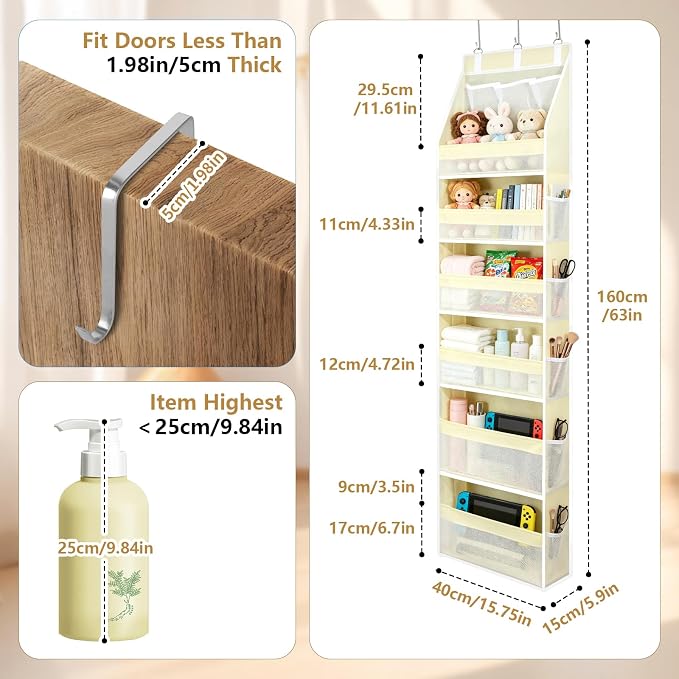 YooxArmor Over The Door Organizer, Hanging Storage with 6+10 Large Pockets, 22lbs Load Anti Tilt Behind Door Storage for Closet Bedroom Bathroom, White
