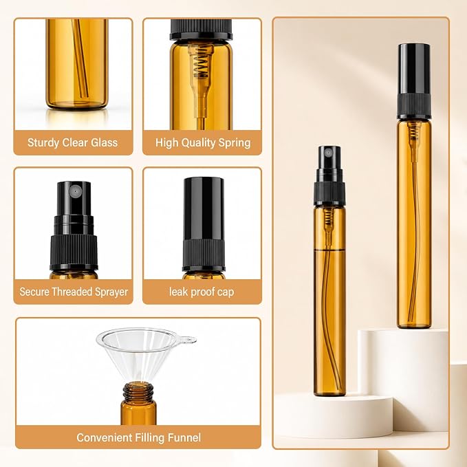 21 Packs Mini Glass Spray Bottles, 10ml Empty Amber Glass Perfume Atomizers | Bulk Refillable Fine Mist Perfume Containers,Travel-size Sample Spray Bottle for Perfume, Essential Oils (Black Caps)