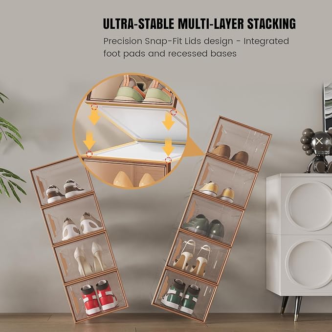6 Pack Plastic Shoe Storage Box Organizer Magnetic Stackable | Upgraded Thicken Material, Stackable Space-saving, Fits Sneakers & Boots, Sturdy Shoe Box, Magnetic Door, Easy Assembly