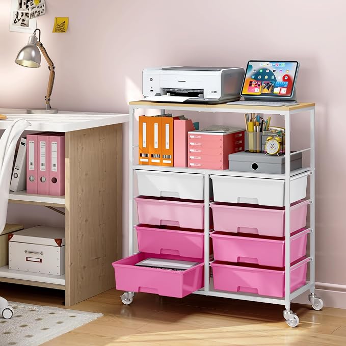 Rolling Cart with 8 Drawers,Storage Drawer Cart with Wooden Tabletop,Lockable Wheels Organizer for Homeschool, Arts & Crafts, Classroom, Office & Creative Spaces (Pink)