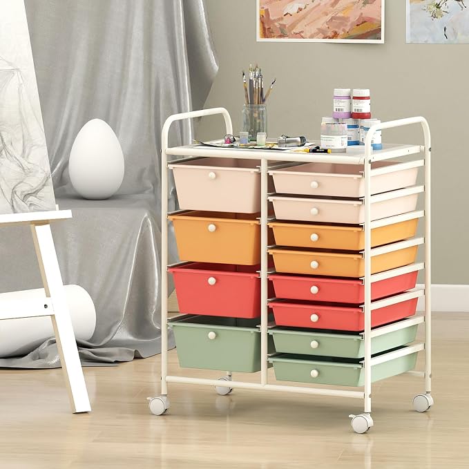 BECOMFORT 15-Drawer Rolling Cart with Drawers, Storage Cart on Wheels, Teacher Classroom Organizers with Metal Frame, Mobile Craft Cart for Tools