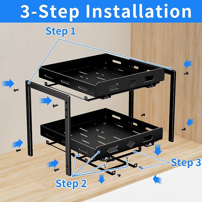 Pull Out Spice Rack Organizer for Cabinet, 2 Tier Cabinet Spice Rack Organizer, Height Adjustable Vertical Spice Rack for Cabinet, Kitchen, Pantry, Cupboard (11.9''Wx10.8''Dx9.2''H, Metal Black)