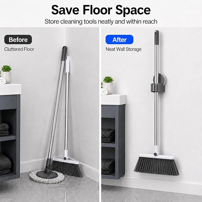 Suction Cup Mop and Broom Holder Wall Mount, No Drill Rotating Mop Gripper and Broom Hanger, Single Slot Cleaning Tool Holder for Bathroom, Kitchen, Laundry Room, Gray