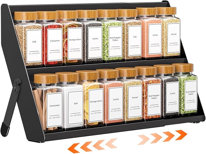 Spice Rack Organizer for Cabinet, 12.8 to 21.8in Expandable Spice Rack, Metal 2 in 1 Spice Drawer Organizer Spice Shelf for Kitchen Countertop Cabinet Drawer, Fits Jars ≤2.1in(Jars Not Included)