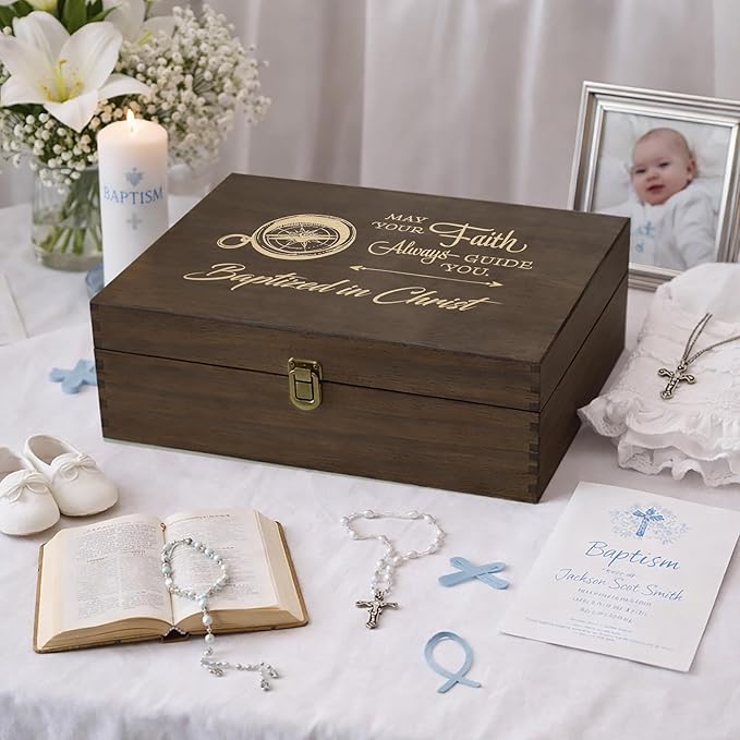Engraved Baptism Memory Box – Wooden Keepsake Box for Christening Gifts, Baby Dedication, or First Communion – X-Large Size – Dark Walnut Finish –14.12 x 9.5 x 4.5 in