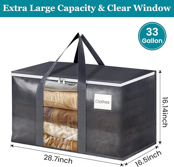 HomeHacks 2 Pack Extra Large Moving Bags with Visual PVC Window & Zippers, Storage Totes with Reinforced Handles, Heavy Duty Storage Bags for Packing, Moving, Storage (125L,Grey)