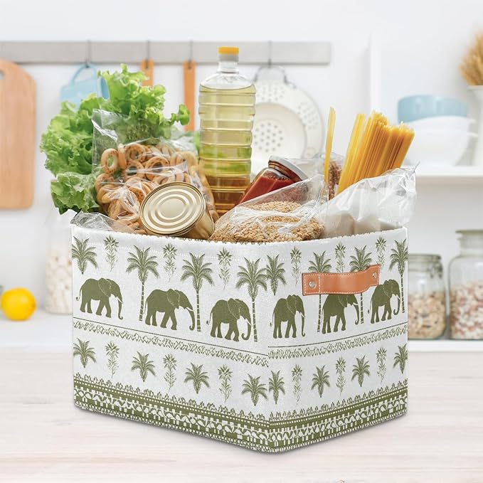 Rectangular Storage Baskets Elephant Palm Tree Fabric Storage Bin Toy Organizer Box with PU Leather Handles for Room Decor
