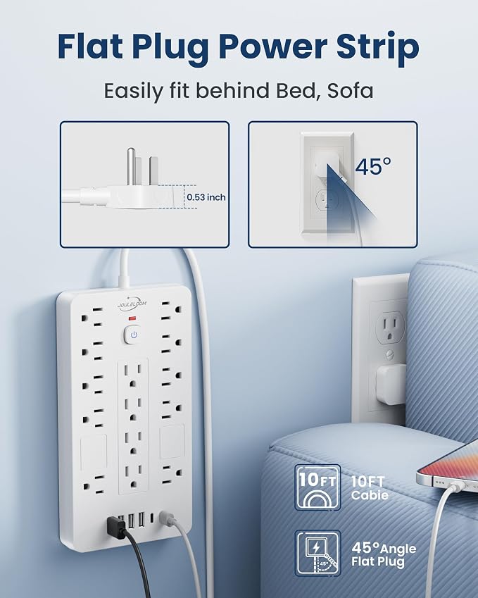 JouleLoom Surge Protector Power Strip-14 Outlets and 6 USB Ports, 10 Feet Flat Plug Extension Cord, 1850 Joules, White, ETL Listed for Home, Office, Dorm Room