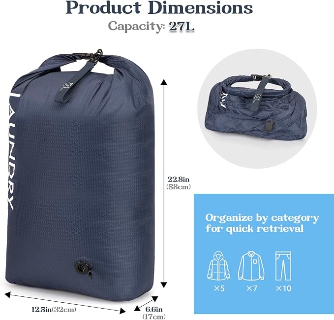 Travel Laundry Bag, Waterproof Compression Storage for Dirty Clothes | Wet/Dry Space-Saving Laundry Storage Organizer, Smell Proof Storage Bag for Clothing, Swimming, Yoga, Gym, Camping,L