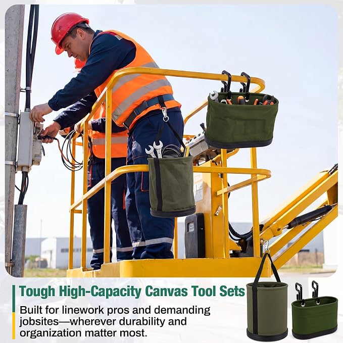 2 Pack Canvas Bucket & Oval Tool Bag, Bucket Tool Organizers with Reinforced Bottom and Hook for Lineman Electrician Construction Workers (Army Green + Black)