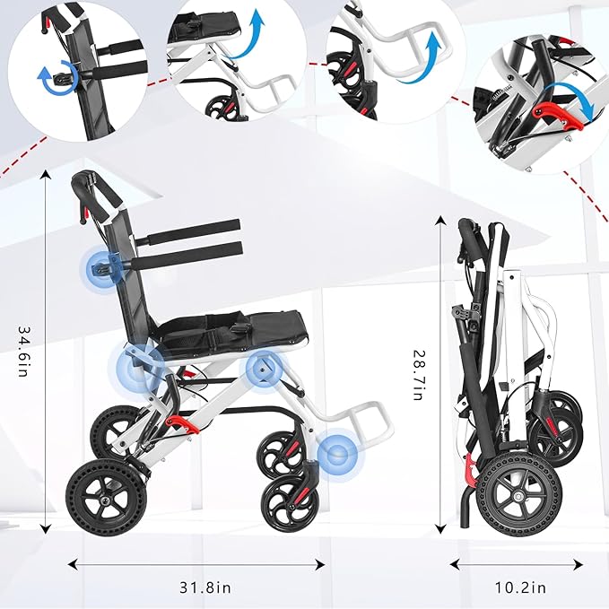 Compact Ultra-Lightweight Portable Transport Wheelchair Foldable Travel Wheelchairs with Handbrake for Adults and Seniors（White）
