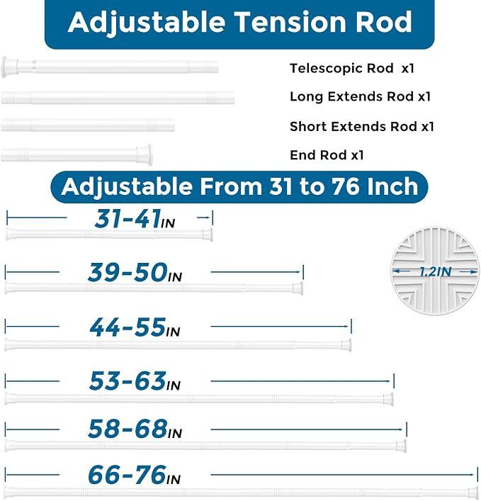 AIZESI 2 Pack 6-in-1 Adjustable Tension Curtain Rod 31-76 IN No Drill White | Spring Loaded Tension Rods for Windows, Showers and Closets, Secure No-Slip Hold Without Drilling or Wall Damage
