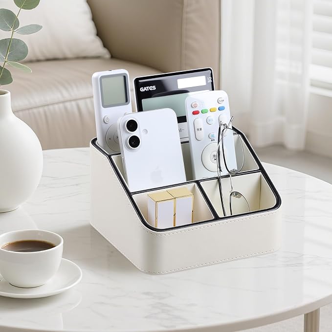 PU Leather Remote Control Holder, Nightstand Organizer with 4 Compartments | Luxury Desk Caddy with Velvet Lining, Small Desk Organizer for Living Room, Bedroom, Bedside, End Table, 6.8" x 6.7" x 4"