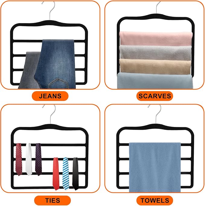4 Pack Space Saving Velvet Pants Hangers, Dorm Room Essentials, Non-Slip Multi-Tier Closet Organizer for Jeans & Slacks, Maximize Wardrobe Storage with Multi-Purpose Rack for Shorts, Scarves & Ties