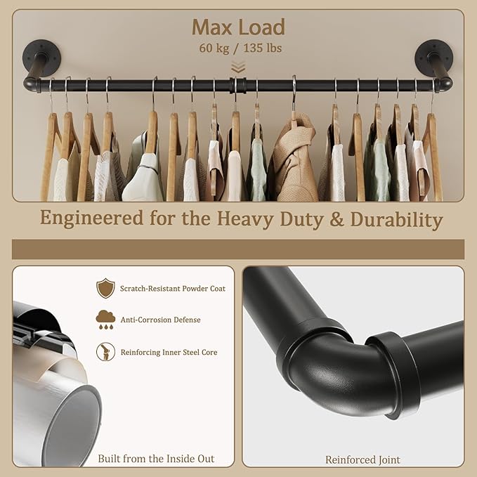 Wall Mounted Clothes Rack, Industrial Pipe Clothing Rack 32 Inch Black, Wall Clothes Hanger for Bedroom, Cloakroom, Closet, Hallway, Boutique Display, Drying Racks Wall-Mount for Laundry