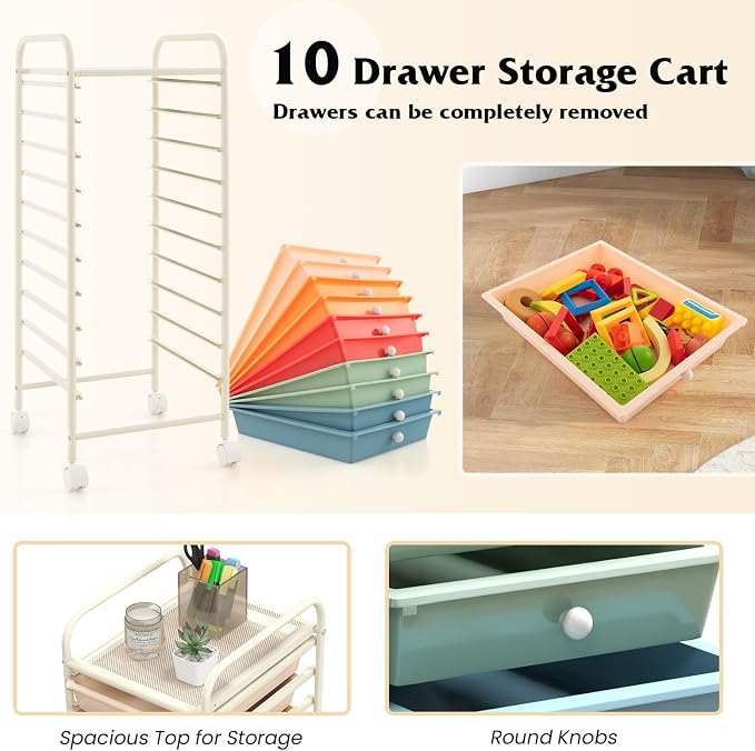 DREAMADE Rolling Cart With Storage Drawers, Utility Cart With Removable Plastic Drawers, Lockable Wheels for Classroom Organization, Art Supplies, Office, Scrapbook (10 Drawers, Macaron)