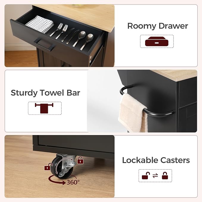MAHANCRIS Kitchen Island on Wheels with Drop Leaf, Folding Countertop Kitchen Island Cart, Kitchen Islands Table with Towel Rack, Drawer, for Kitchen, Dining Room, Black and Natural KINB12501