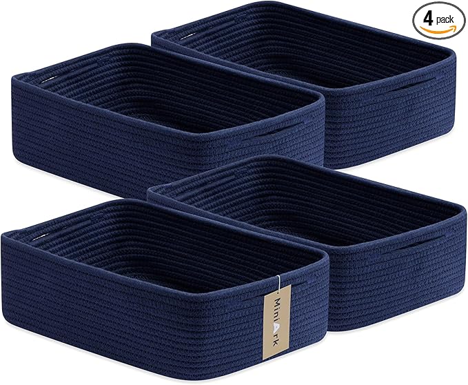 MiniArk Large Shallow Organizing Baskets 15x11x5.1 Inches - Rope Woven Storage Bins for Bathroom, Shelves, Cube Closet, Navy Blue 4 Packs