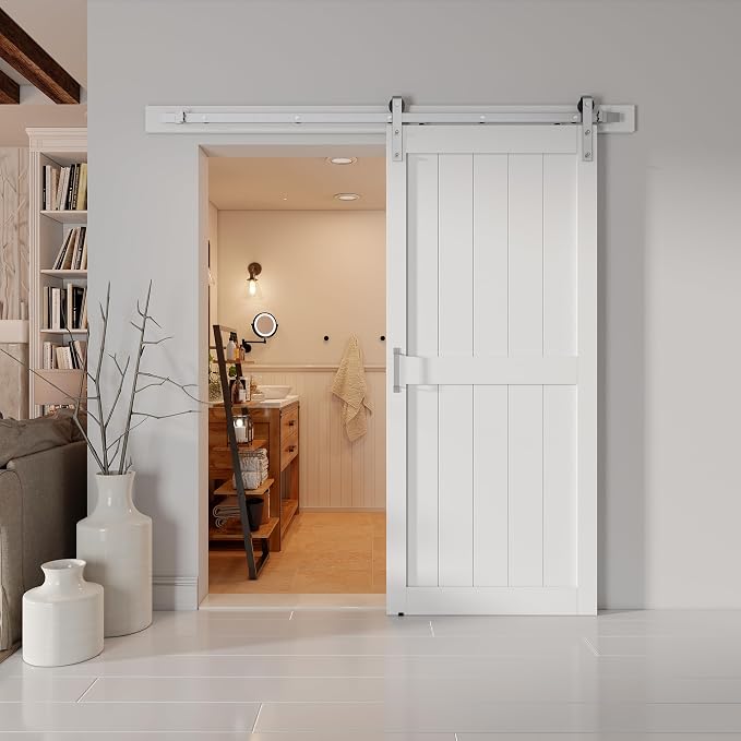 34''x84'' Sliding Barn Door with 6 Ft Brushed Nickel Hardware Kit | Pre-Drilled Holes Easy Assembly - Include Installation Manual, Water-Proof PVC Surface, H-Frame, White