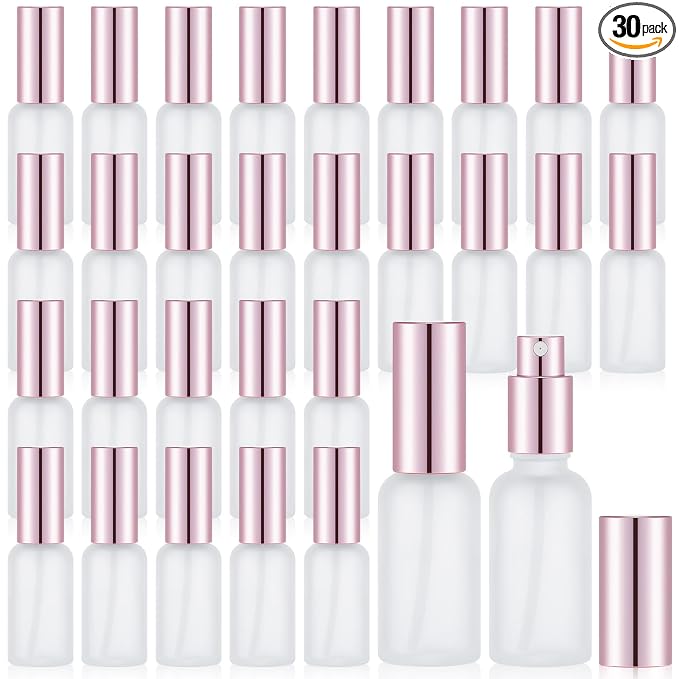 Roshtia 30 Pcs Glass Spray Bottle Clear Empty Bottles Small Refillable Reusable Perfume Bottle with Fine Mist Sprayer Pump for Face Body Travel(1 oz,Rose Gold)