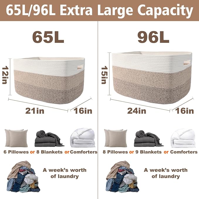 JMvicyroam Woven Blanket Basket,65L Large Storage Bin for Blankets Toys Clothes,Decorative Rope Basket for Living Room Bedroom with Handles, White&Brown