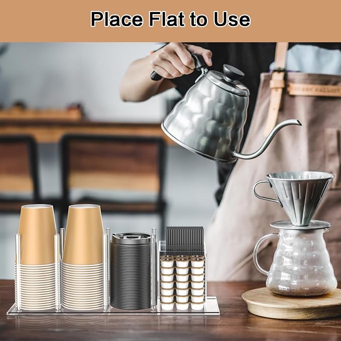 Acrylic Cup and Lid Holder with Straw Organizer, Adjustable Coffee Cup Holder Organizer, 5 Compartment Cup Dispenser for Disposable Paper & Plastic Cups, for Station Home Countertop(Patent in Effect)