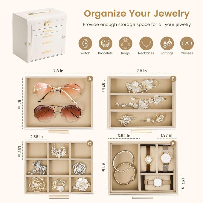 Synthetic Leather Huge Jewelry Box Mirrored Watch Organizer Necklace Ring Earring Storage Lockable Gift Case (White)
