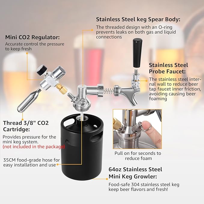 Mini Keg Growler Tap System, 64OZ Pressurized Stainless Steel Beer Keg, Durable Beer Dispenser System with CO2 Regulator & Self-Closing Faucet, Portable Beer Growler to Keep Fresh for Homebrew