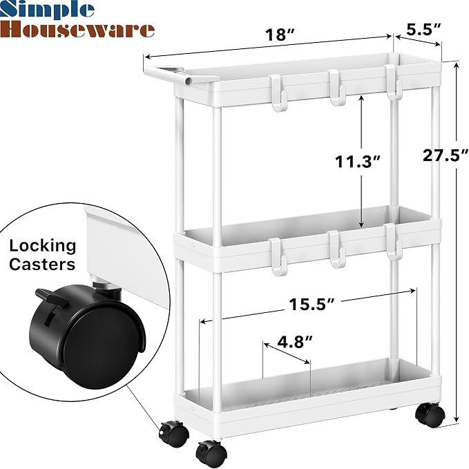 Simple Houseware 3-Tier Slim Rolling Cart w/Handle 5.5" Wx27.5 H, White | Storage Cart for Narrow Space (5.5-Inch Wide) Kitchen, Bathroom, Laundry Room