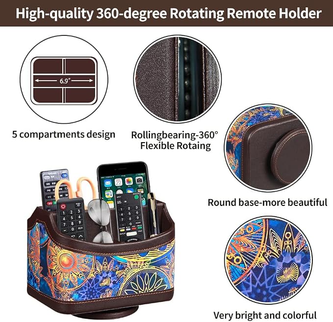 PU Leather 360° Rotatable Remote Control Holder, TV Remote Caddy for Table | Colorful Art Supply Organizer Pen Holder, Multi-Functional Desk Organizer for Nightstand,Living Room,Home and Office Decor