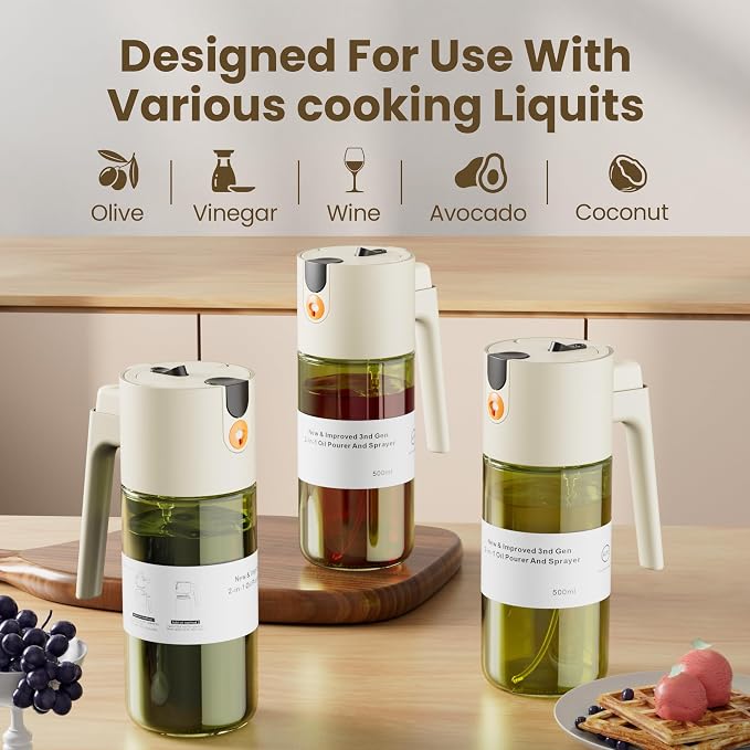 LAKUMIQI 2 in 1 Oil Sprayer & Dispenser, 17 oz Light-Blocking Glass Bottle | Large Capacity, Wide-Mouth for Easy Pouring and Cleaning, Leak-Proof Oil Bottle with Stickers for Salads, Air Fryers, BBQ