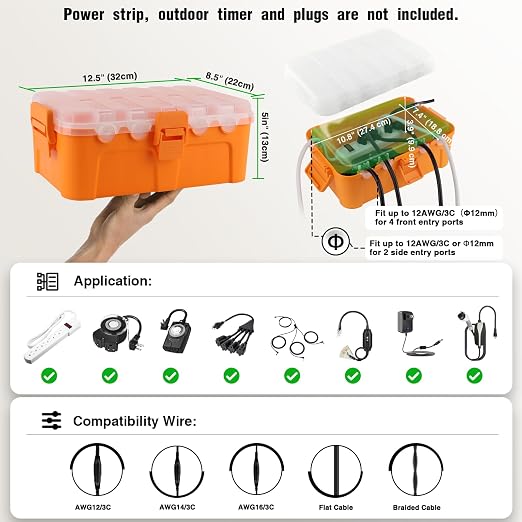 Flemoon Outdoor Electrical Box with Transparent Lid, IP54 Waterproof Box with Clear Cover for Photocell Light Sensor Timer, Power Strip, Outlet, Plug, Socket, Orange