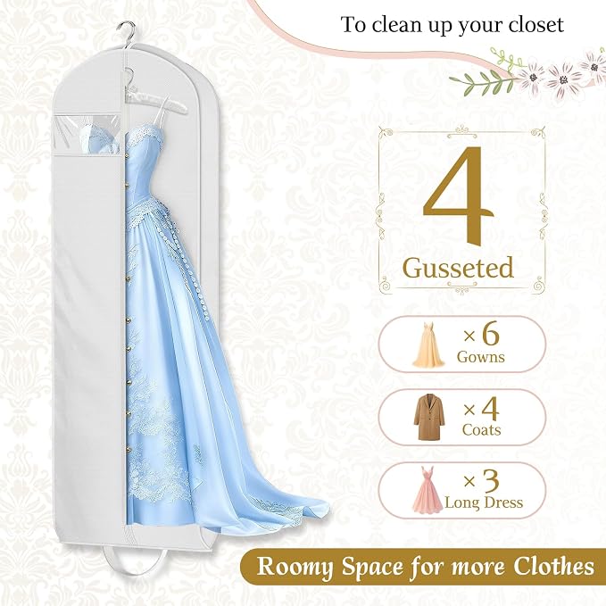KEETDY Wedding Dress Garment Bag for Travel with 4" Gusseted Long Hanging Dress Bags for Gowns for Women Garment Cover Clothes Storage for Closet (white, 72 inch)