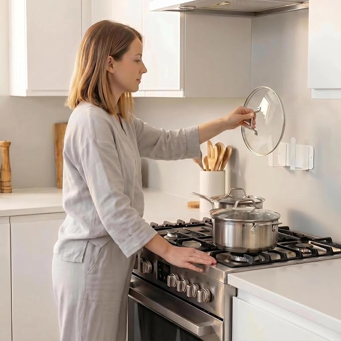 Pot Lid Rack, Wall Mounted 304 Stainless Steel Multi-Functional Storage Holder, Fits Cutting Boards, Pot Lids, Bathroom Scales, Self-Adhesive & Screw Mounting, Kitchen & Bathroom Organizer (White)