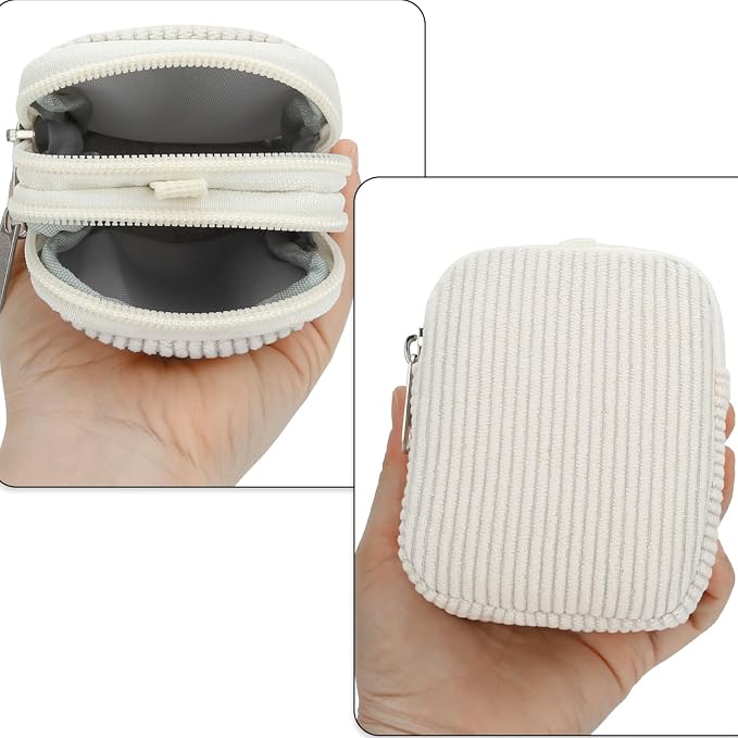 E-Tree Coin Purse with Carabiner Clip, Dual Layer Card Case Holder, Mini Pouch for AirPod Earphone Keychain USB Cable,Wallet, Small Accessories Organizer Bag for Women and Men (White Corduroy)