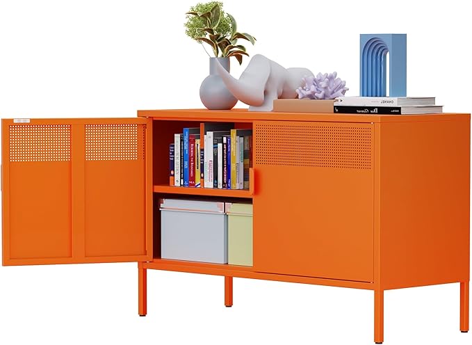 Ustamio Orange Wide Metal Locker Storage Cabinet, 2 Door Metal Accent Cabinet for Home and Office, 2 Tier Low Metal Cabinet with Doors and Shelf, Multipurpose Metal Tv Stand Cabinet