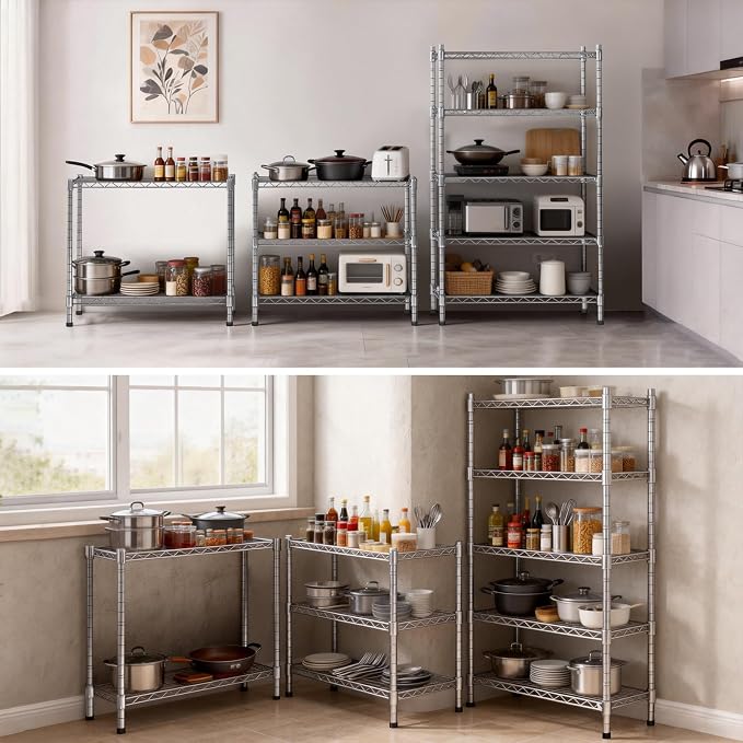 5 Tier Wire Shelving 2 Pack | 33”W Storage Shelves with Wheels | 1500 LBS Metal Shelving | Garage Shelving Units and Storage | Wire Rack Adjustable Layer Height | Electroplated Silver | 33”W×13”D×73”H