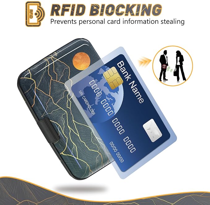 Credit Card Holder, Mini RFID Small Aluminum Card Wallet Business Card Case | Blocking Slim Metal RFID Blocking Front Pocket Wallet Hard Case Durable CC Holder for Men Boy, Cool Abstract Mountain