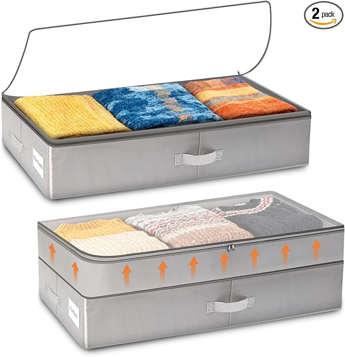 Under Bed Storage with Adjustable Height, Pack of 2 Under the Bed Storage Containers for Clothes, Blankets, & Shoes - 80L Zippered Organizer for Bedroom with Clear Window