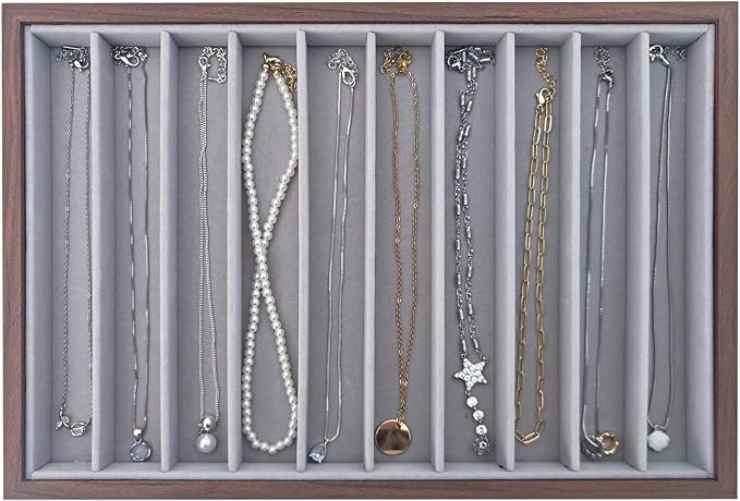 Large Jewelry Trays for Drawers Stackable Velvet Jewelry Display for Vendors Jewelry Drawer Organizer Inserts for Rings Necklace Bracelets Earrings and Studs Earrings (Gray, 10 Grid)