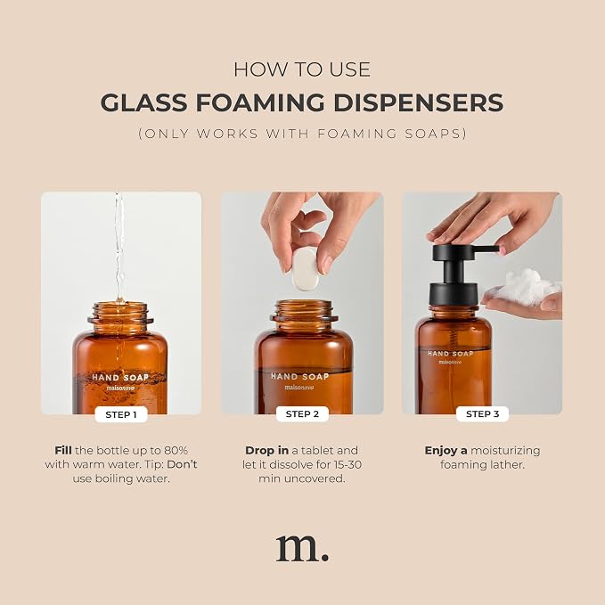 MaisoNovo Glass Foaming Soap Dispenser 14 Oz | Glass Bottles Pumps x 2 Amber