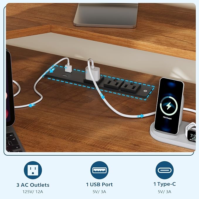 47" Corner Desk with Drawers, Power Outlets ＆ Printer Shelf for Small Space | Small Computer Desk with Monitor Stand, Triangle Gaming Desk with LED Lights and Keyboard Tray, Brown and White