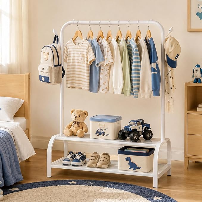 Kids Clothing Rack with 2 Fabric Storage Shelves & Hooks, Portable Kids Clothes Rack for Coats Skirts, Small Toddler Hanging Clothes Organizer, Kids Closet Storage Unit, Off White