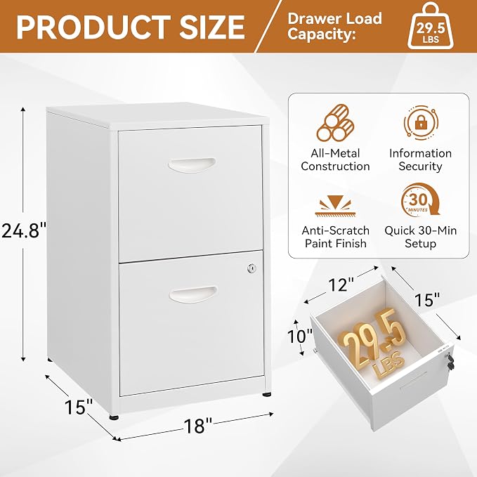 Polup 2 Drawer File Cabinet with Lock, White Filing Cabinets for Home Office, Metal Locking File Cabinet with Two Drawers, Light Duty File Storage Cabinet for Letter Size - Assembly Required